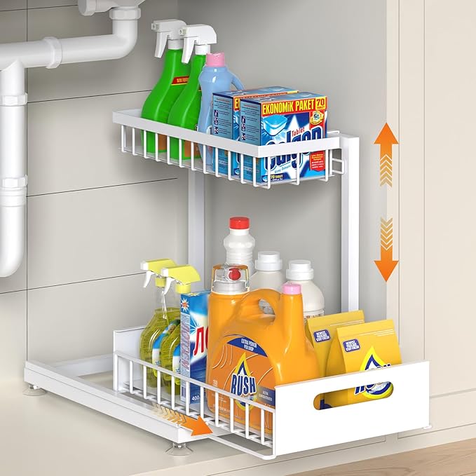 Saydear Under Sink Organizer Storage 2-Tier Premium Metal Pull-Out Racks, Height Adjustable, Easy Installation | Kitchen & Bathroom Organizers