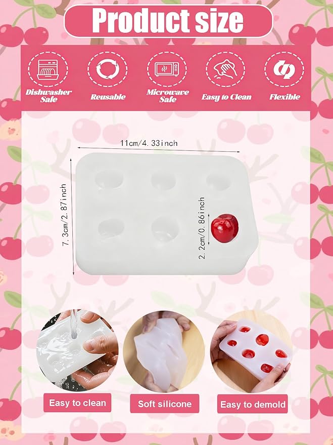6 Cavity Cherry Silicone Mold – Silicone Fruit Mold for Chocolate, Fondant, Candle, Resin & Cake Decor, 3D DIY Baking Tool for Parties & Gifts (Cherry)