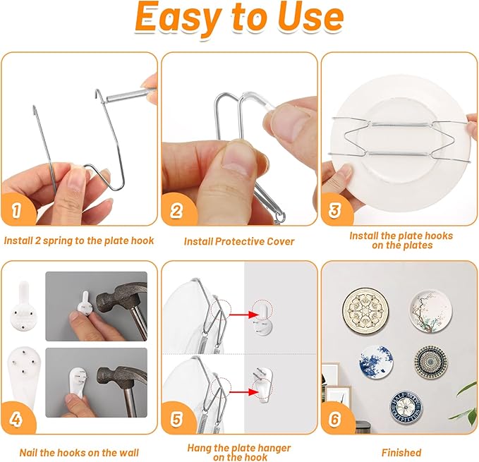 14 Pcs Silver Invisible Plate Hangers for The Wall - 4/6/8/10 Inch Stainless Steel Decorative Plate Holers for Display, Artwork & Home Decor (with 14 Wall Hooks & 56 Tip Protectors & Guide)
