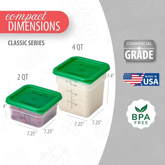 Cambro Food Storage Container with Lid (Microwave Safe and BPA-Free) - 2 Pack - Classic Series Square with Green Lid - 2 and 4 QT (Quart) - Commercial Grade for Food Prep (Translucent)