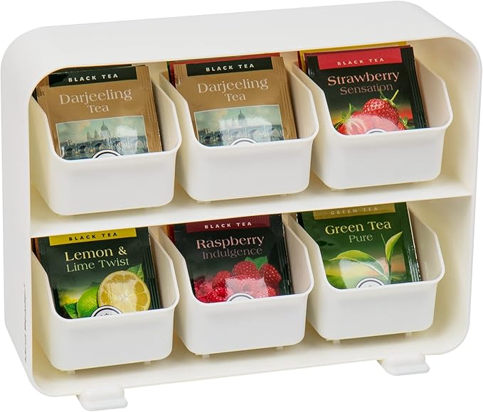 Mind Reader Tea Bag Organizer, Tea Station Organizer, Countertop Storage, Kitchen, Plastic, 10.25"L x 3.25"W x 7.75"H, White