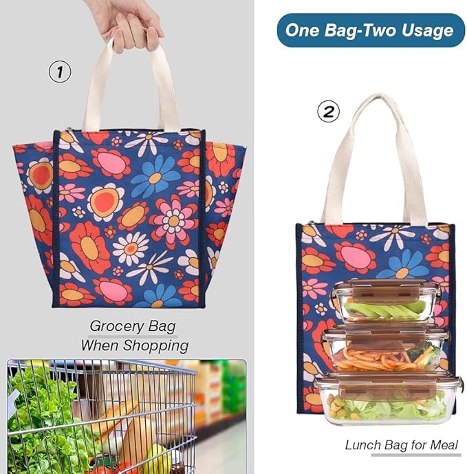 iknoe Insulated Lunch Bag for Women & Adults, 9L Foldable Wide-Open Cooler Bag with Pockets, Leakproof & Portable, for Picnic, Office, Beach(Blue flower)