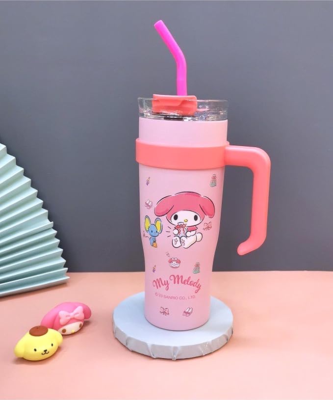 Melody & Mouse Stainless Steel Insulated Tumbler with Lid, Straw & Handle 1200ml - XL Size, Pink