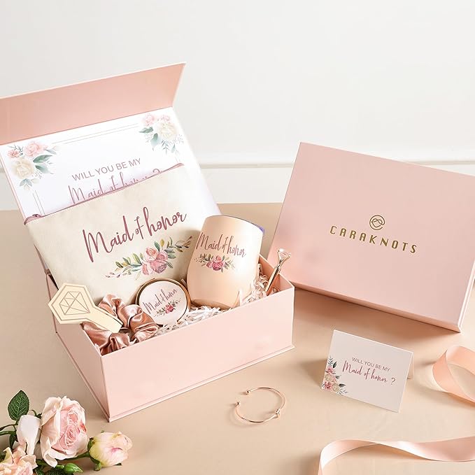 CARAKNOTS Maid of Honor Proposal Gift Box Set, Will You Be My Maid of Honor Gift, Pink Ready to Gift Bridesmaid Box with 12 oz Stainless Steel Tumbler, Bridal Party Bachelorette Wedding Favo
