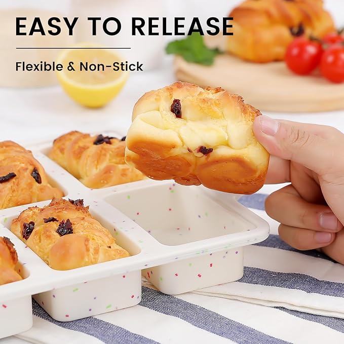 Vinino Silicone Mini Loaf Pans with Metal Reinforced Frame-2 Pack, Non-stick Silicone Bread Pan for Baking 8-Cavity, Tiny Banana Bread Set, Dishwasher Safe Brownie Pan-Cream