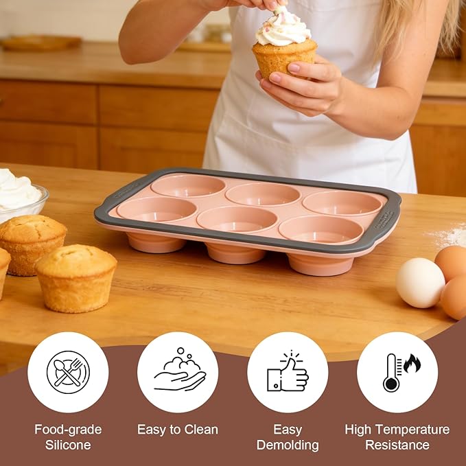 Silicone Muffin Pans for Baking with Metal Frame, 6-Cup Silicone Muffin Pan, Non-BPA Nonstick Coating, Easy Release & Clean, Oven & Dishwasher Safe, Versatile for Baking, Custards & Cupcakes(Pink)
