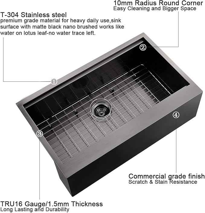 33 Inch Black Farmhouse Kitchen Sink Workstation - VOKIM 33x22 inch Flat Apron Front Farmhouse sink 16 Gauge Stainless Steel Single Bowl Farm Kitchen Sink