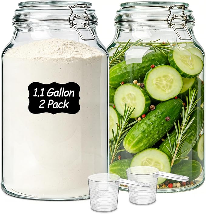 ComSaf 1.1 Gallon Glass Jars with Airtight Lids (138oz, Set of 2), Extra-Wide Mouth Canisters for Bulk Flour & Sugar Storage, Ideal for Fermenting Sourdough, Kombucha & Pickles