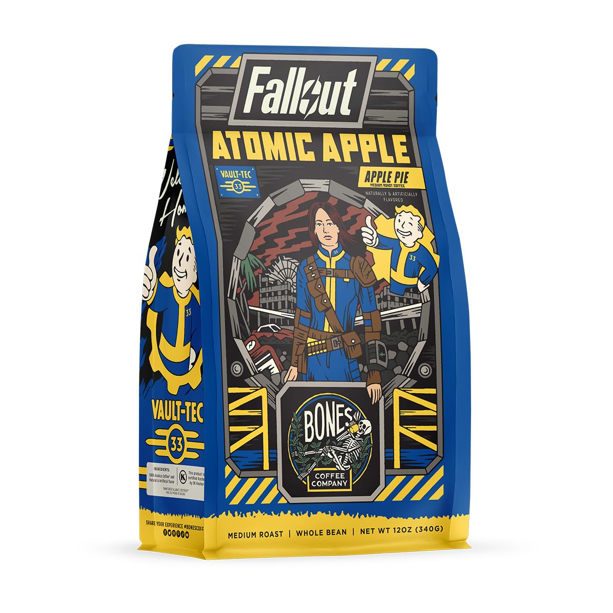 Bones Coffee Company Fallout Atomic Apple, Apple Pie Flavored Coffee, Medium Roast Low Acid Arabica Beans Compatible with Auto drip and French Press Coffee Maker, 12 Oz Whole Bean