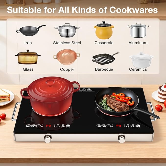 4000w Electric Cooktop 2 Burners, 23'' Electric Stove Top 110v with Plug in, GTKZW Knob Control Countertop & Built-in Ceramic Cooktop, 9 Power Levels, Child Lock, Timer, Over-Heat Protection