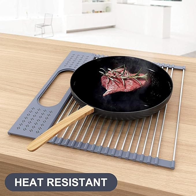 LEMIKKLE 17" x 15" Roll Up Dish Drying Rack Over The Sink Dish Drying Rack,Multi-Purpose Kitchen Rolling Dish Drainer Foldable SUS304 Stainless Steel Dish Drying Rack