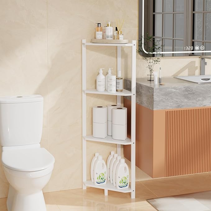 Wisuce Corner Shelf, 100% Real Bamboo Shower Corner Shelves Free Standing Shelf Storage Organizer for Bathroom Living Room Kitchen (White, 4 Tier)