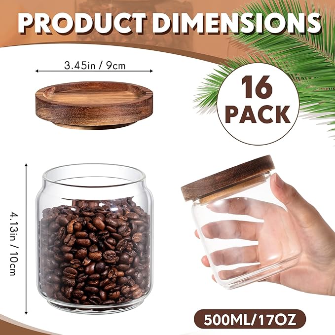 Irenare 16 Pack Glass Containers Canister Set, 17 oz Food Storage Spice Jars with Airtight Lids, Clear Kitchen Containers for Coffee Sugar Tea Beans Nuts Candy Pantry Organization (Wood)