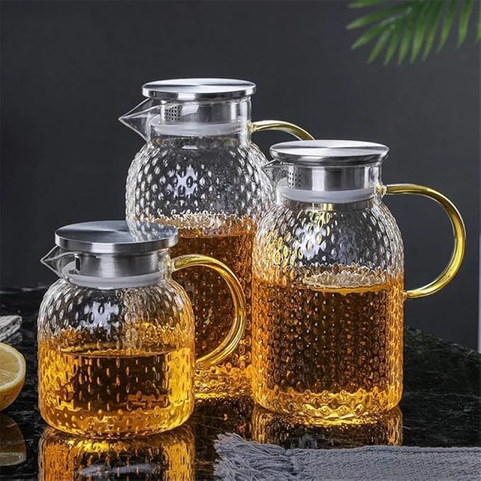 GRFIT Glass Water Pitcher with Filter Lid and Spout Pourer Heat Resistant Glass Jug for Hot and Cold Drinks Tea Bottle Ice Cream Homemade Water Jug (1.5L)