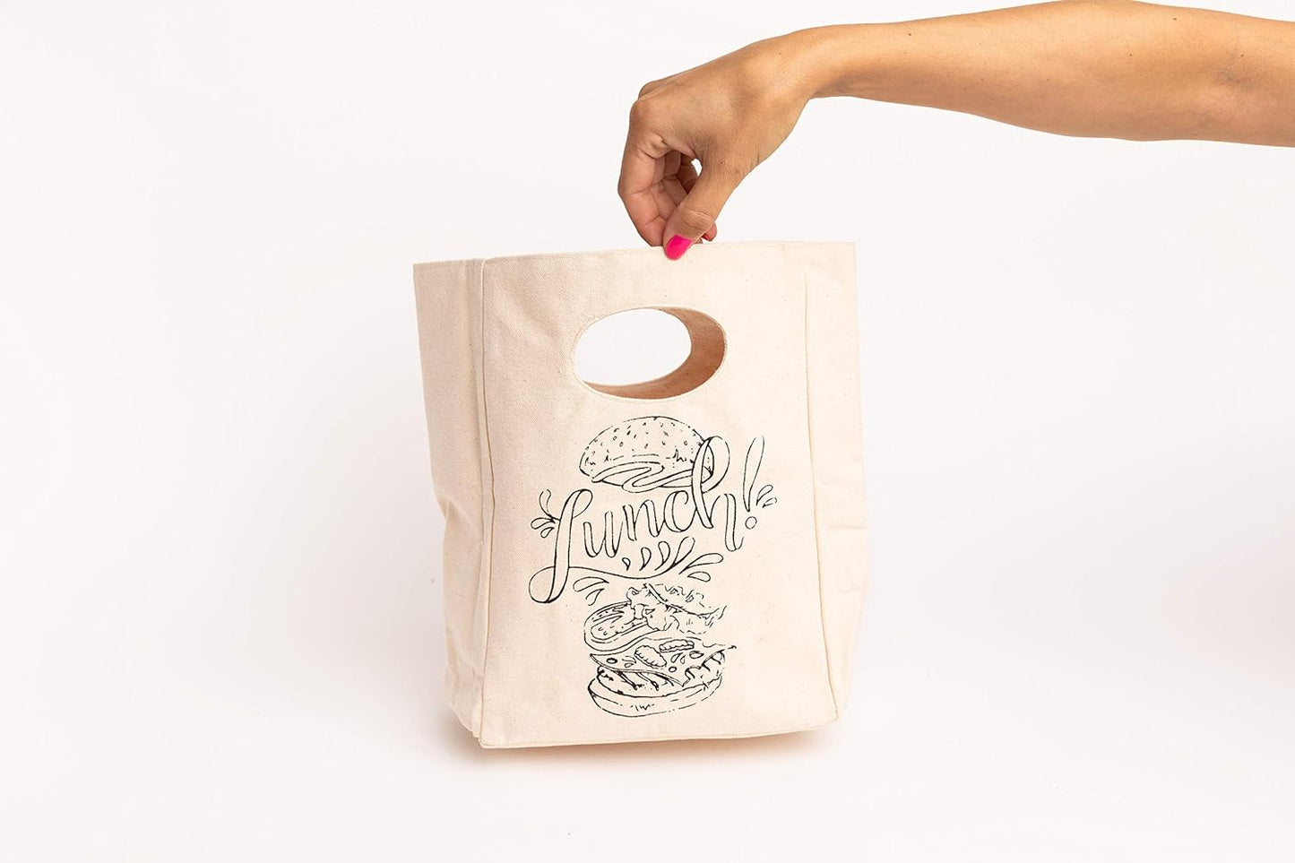 Organic Cotton Canvas Lunch Bag - Reusable & Machine Washable Lunch Tote - Organic Snack Tote - Unisex Lunch Bag for Men, Women & Kids - Easy to Clean (White with Black Print)