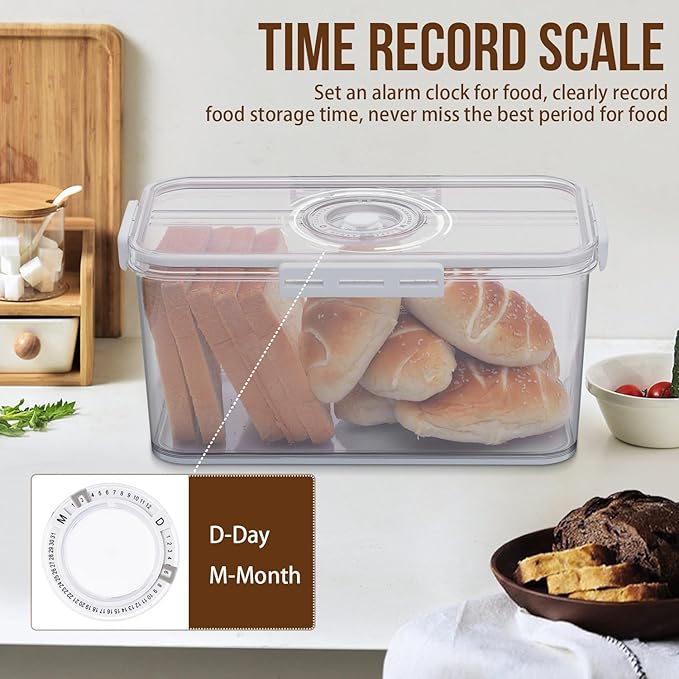 Gifhomfix Bread Box Bread Boxes for Kitchen Counter Airtight, Time Recording Bread Storage Container with Lid, Bread Keeper for Homemade Bread, Toast, Bagel, Donut and Cookies, White
