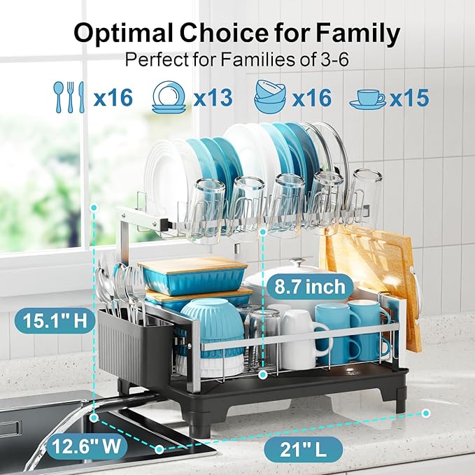 GSlife Stainless Steel Dish Drying Rack 2 Tier, Compact Dish Racks for Kitchen Counter with Cutting Board Holder, Auto-Drain Spout, Rust Proof Dish Drainer for Apartment, 21" L x 12.6" W, Silver