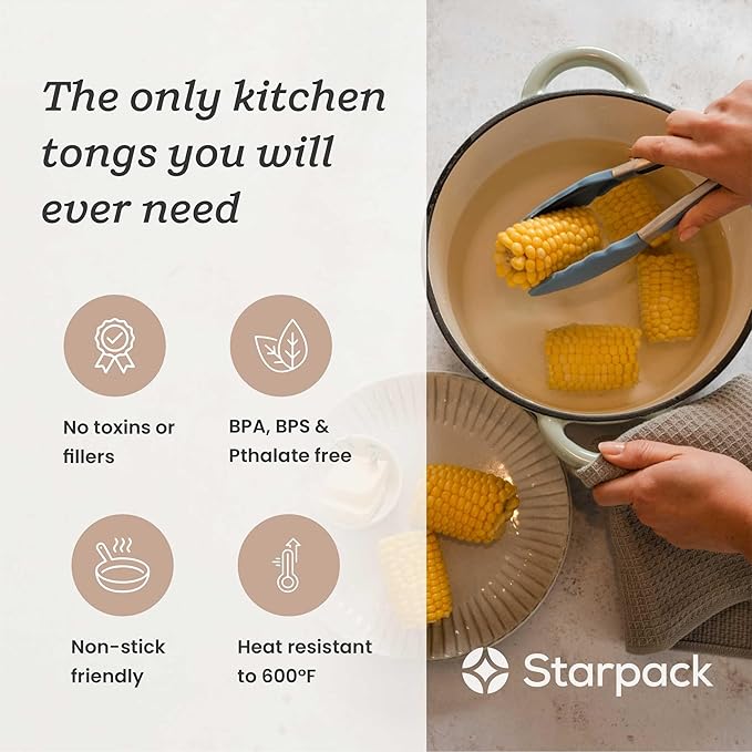 Starpack 'Get a Grip' Silicone Kitchen Tongs for Cooking 9 Inch - BBQ Silicone Tongs for Grill Heat Resistant to 600°F - Stainless Steel Utensils with Non Stick Rubber Tips for Serving Food