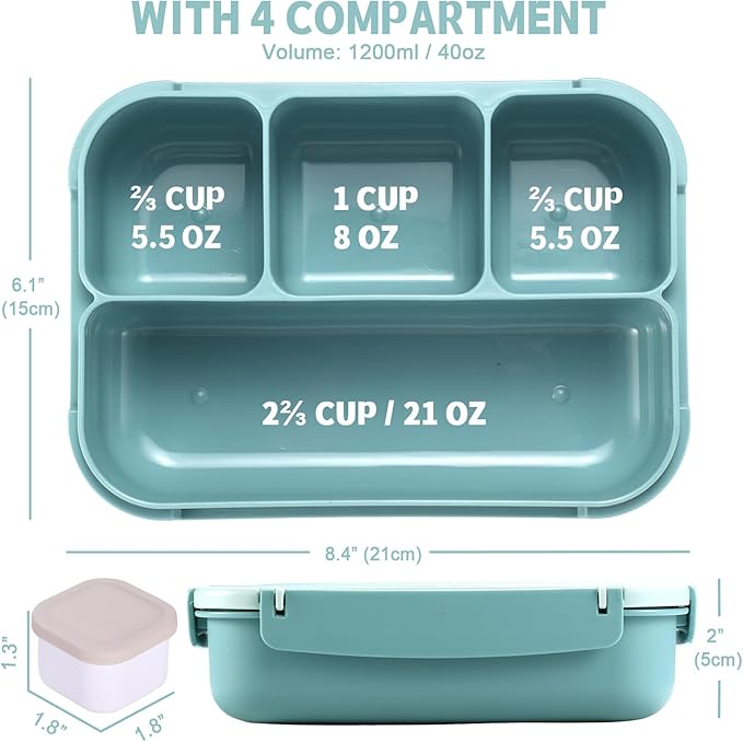 shell and turtle Bento Box Adult Lunch Box, Lunch Containers for Kids Girls Boys with 4 Compartments, Lunchable Food Container with Utensils, Sauce Jar, Muffin Liners, 40 Oz/5 Cup, Light Teal