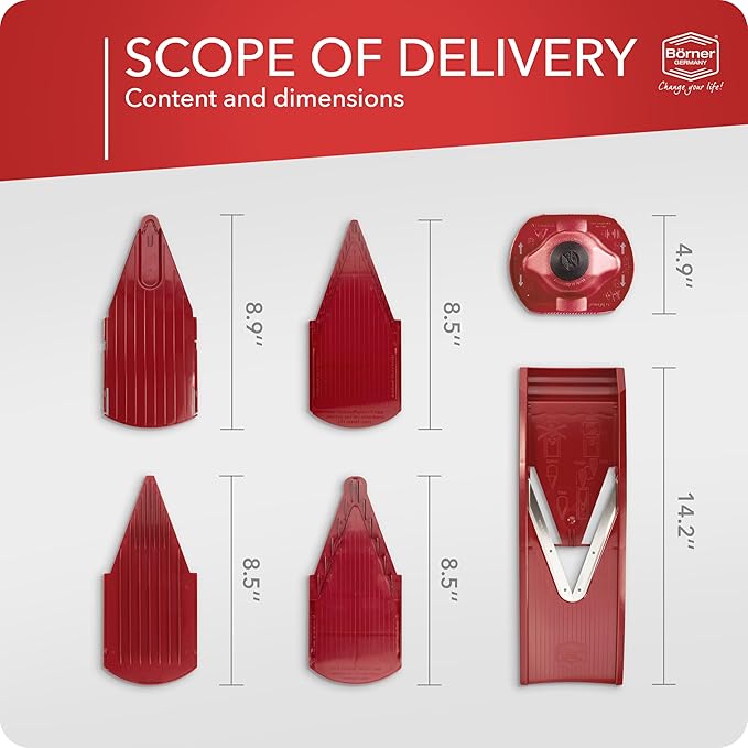 Mandoline Food Slicer Börner V1 (Starter Set) by Reston Lloyd • V-Slicer with 3 Blade Inserts & Food Holder • Made in Germany • Fruit & Vegetable Chopper • Multiple Settings • Color: Red