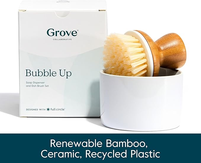 Grove Co. Bubble-Up Dish Soap Dispenser & 2 Pack Brush Set, Ergonomically Designed Dish Scrubber, Removes Tough Messes, Gentle on Dishes, Sustainable Solution to The World's Waste