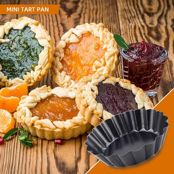 4 Pack Tart Pans Tortilla Pan Set Mini Tart Molds Carbon Steel Taco Shell for Baking 3 Inch Taco Salad Bowl Maker with Removable Bottom NonStick Tortilla Bowl Fluted Side for Quiche Cakes Pies (Black)