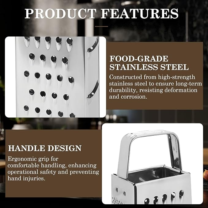 Stainless Steel Vegetable Grater, 4-Sided Portable Metal Grater, Cheese Grater with Handle for Kitchen (8inch)