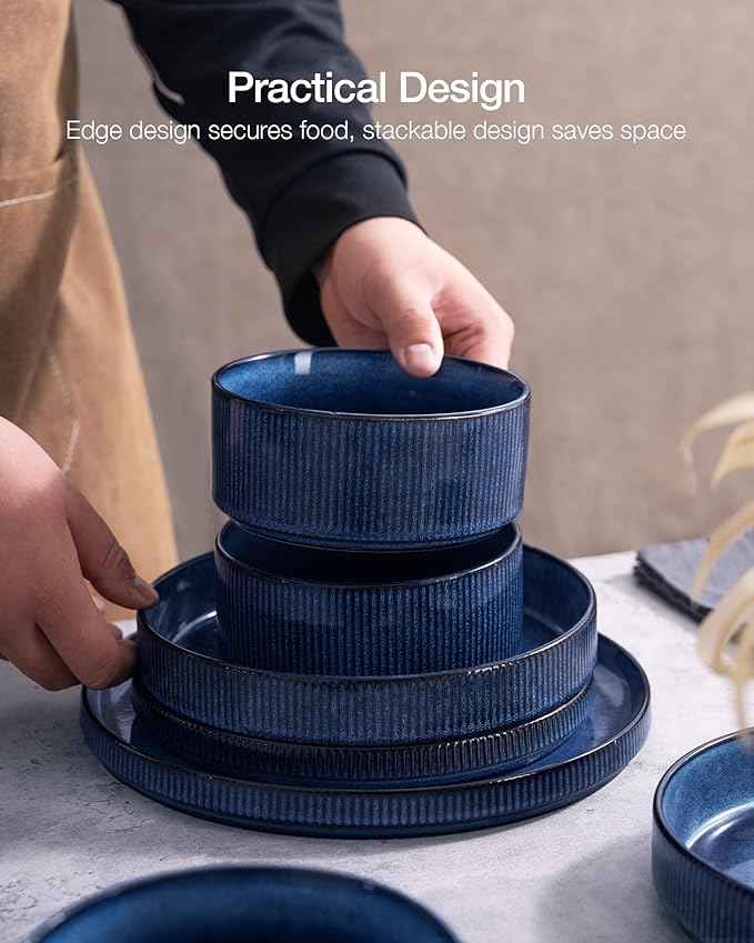 Famiware Star Dinnerware Set with Pasta Bowls, Service for 6 (24 Pieces), Ribbed Stoneware Plates and Double Bowls Sets - Chip & Scratch Resistant, Microwave & Dishwasher Safe Dishes, Nebulas Blue