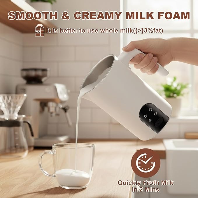 4 in 1 Electric Milk Frother Automatic Hot & Cold Foam Maker Auto Shut-Off Durable Stainless Steel Milk Frother Silent Working Easy to Clean for Cappuccino, Hot Chocolate (White)