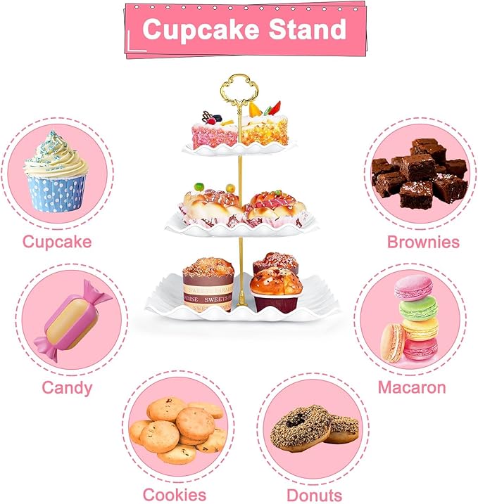 5 Pcs Dessert Display Stands, 2pcs Dessert Stands 3 Pcs Tray, Pink Dessert Display Stands, Treat Table Displays Set for Wedding Baby Shower Tea Party, Ease of Cleaning and Assembly