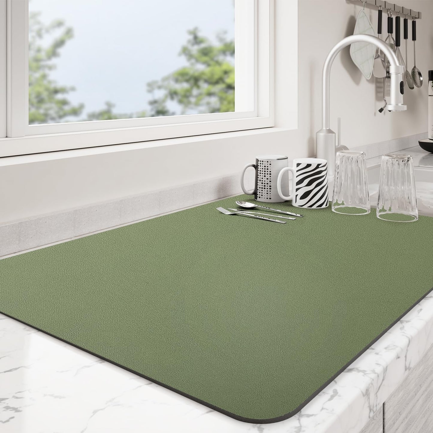 Dish Drying Mat for Kitchen Counter | Coffee Bar Mat for Countertops | Heat Resistant Drainer Mat with Non-slip Rubber Backed | Hide Stain Kitchen Absorbent Draining Mat | Green 18"x32"