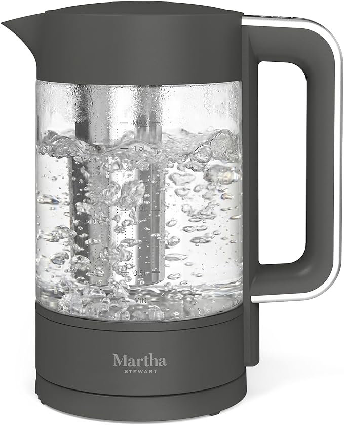 Martha Stewart  Electric  Kettle with Removable Stainless Steel Tea Infuser, Glass Carafe 1.7L (7 Cups), Hot Water Boiler, 4 Presets, Keep Warm & Auto Shut-Off, Cordless 360° Swivel Base, Caviar Gray