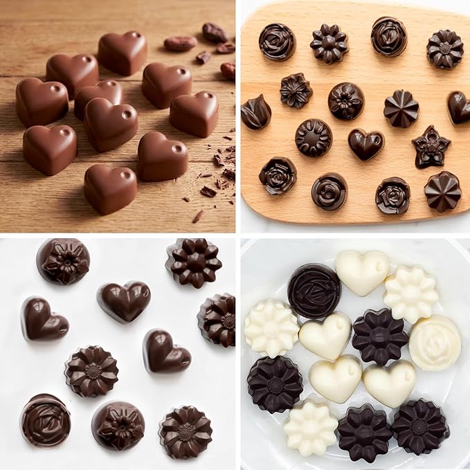 6 Pack Flower Shape Chocolate Candy Molds Silicone, Food-Grade Non-Stick Jelly & Baking Molds, Crayon Molds, BPA-Free, Including Heart, Rose, Tulip, Daisy, Sunflower, and Other Flowers (Brown)