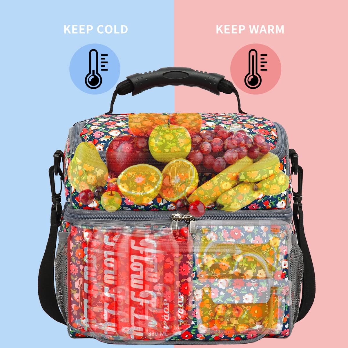 FlowFly Double Layer Cooler Insulated Lunch Bag Adult Lunch Box Large Tote Bag for Men, Women, With Adjustable Strap,Front Pocket and Dual Large Mesh Side Pockets