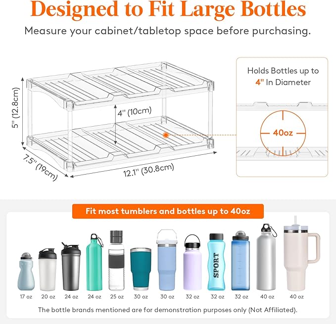 Lifewit Stackable Bottle Storage Organizer, Clear Freestanding Wine Holder for Cabinet, Large Slot Water Bottle Tumbler Cup Organizer for Pantry, Plastic Wine Rack for Fridge Cellar, 2Tier Hold 6