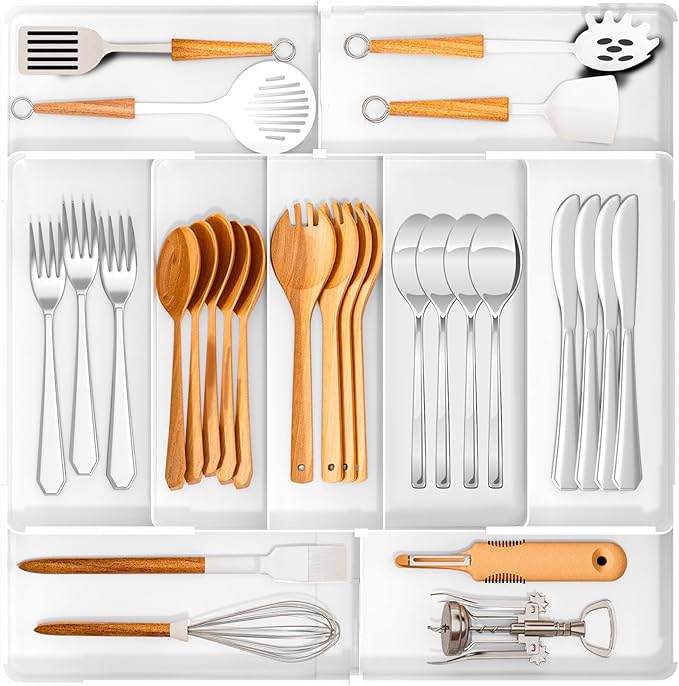 Jolitac Expandable Large Silverware Drawer Organizer - Adjustable Utensil Tray & Cutlery Holder, Plastic Storage for Spoons, Forks, Knives | Multipurpose Kitchen Organizers and Storage Solution, White
