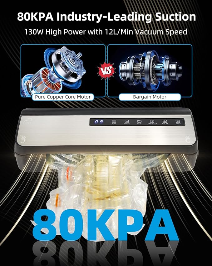 Vacuum Sealer Machine for Food, 80KPA Powerful 8-in-1 Automatic Vacuum Food Sealer with Dry & Moist Modes, Bag Storage, Cutter, Digital Countdown, 20 Pre-Cut Bags & External Air Suction Hose