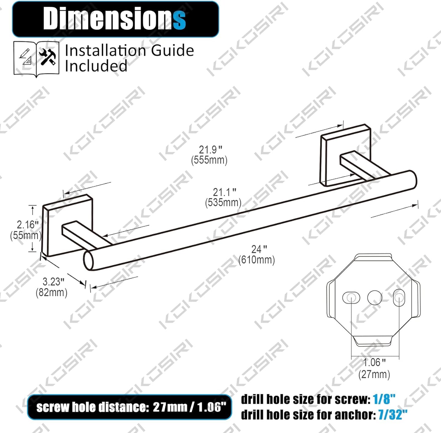 KOKOSIRI Towel Rails Bathroom Towel Bars Matte Black 24 Inch Bath Towel Holder for Cabinet Kitchen Wall Stainless Steel B4005BK-L24