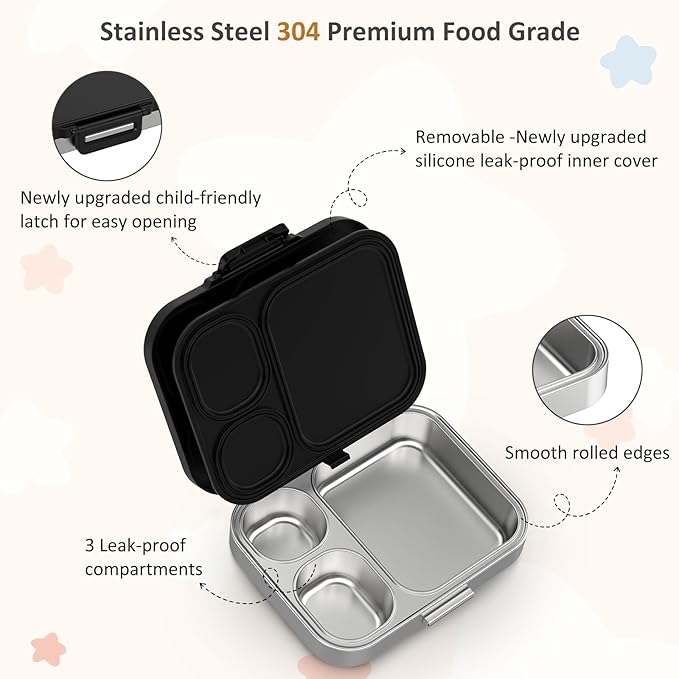 Howeemo Stainless Steel Bento Box Kids, Leak Proof Metal Bento Lunch Box,3 Compartments 304 Stainless Steel Bento Lunch Containers for School and Office, BPA-Free(Black)