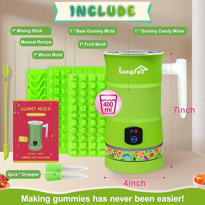 Gummy Maker Machine, Oil Infused Gummy Candy Maker, DIY Edible Gummy, Jelly & Pudding, Gummy Making Kit, ,Include Bear mold, Fruit Mold, Worm Mold & Mixing Stick 5-Years Free Replacement (Green)