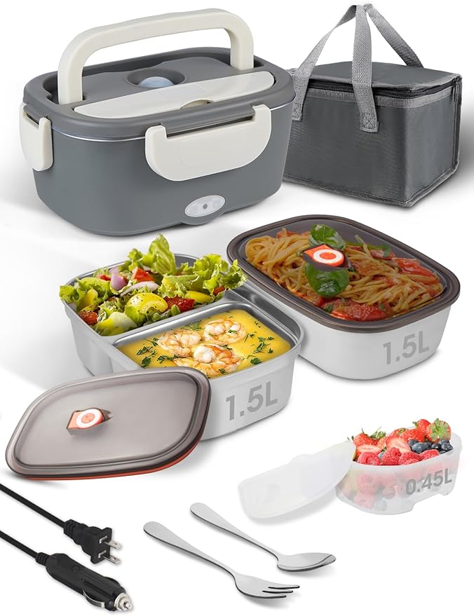 SOHIDA Electric Lunch Box Food Heater, 80W Heated Lunch Box for Adults, 12V 24V 110V Portable Food Warmer LunchBox for Car Truck Work with Removable 304 Stainless Steel Container White