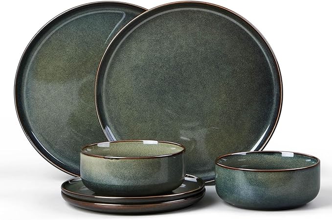 E-far 6-Piece Plates and Bowls Set, Stoneware Dinnerware Sets for 2, Ceramic Dishes Reactive Glaze Dinning Ware, Microwave & Dishwasher Safe - Obsidian Green