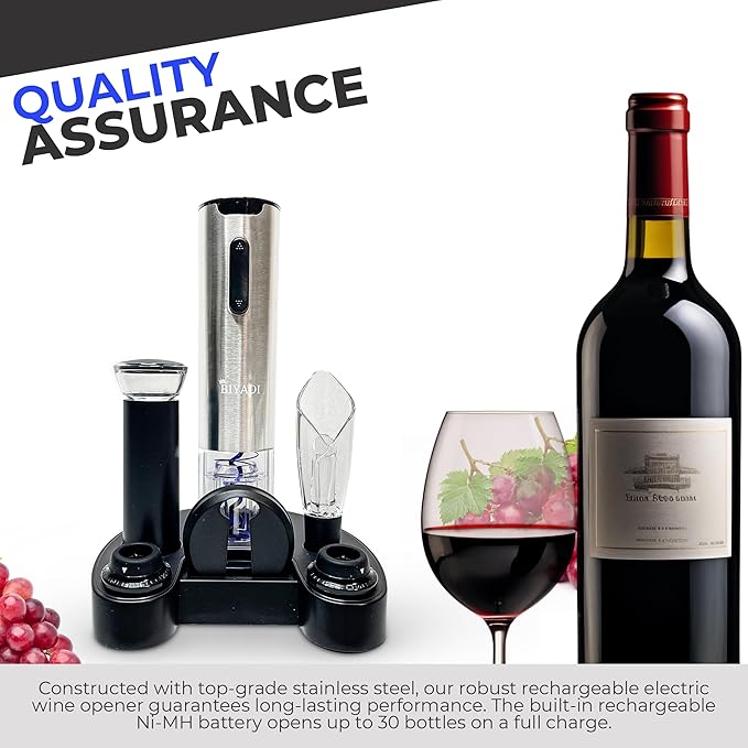 Electric Wine Opener Set with 6-in-1 Accessories, Automatic Corkscrew, Foil Cutter, Pourer, Vacuum Pump, 2 Stoppers, Charging Stand
