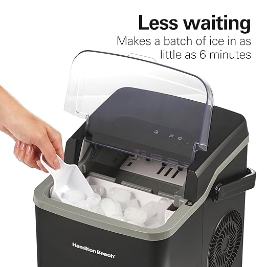 Hamilton Beach Portable Bullet Countertop Ice Maker Machine, Makes 26 Lbs/Day, 9 Cubes Every 6 Minutes, Self-Clean Function, for RV, Office, Kitchen, Dorm, Makes 2 Sizes, Black (86151)