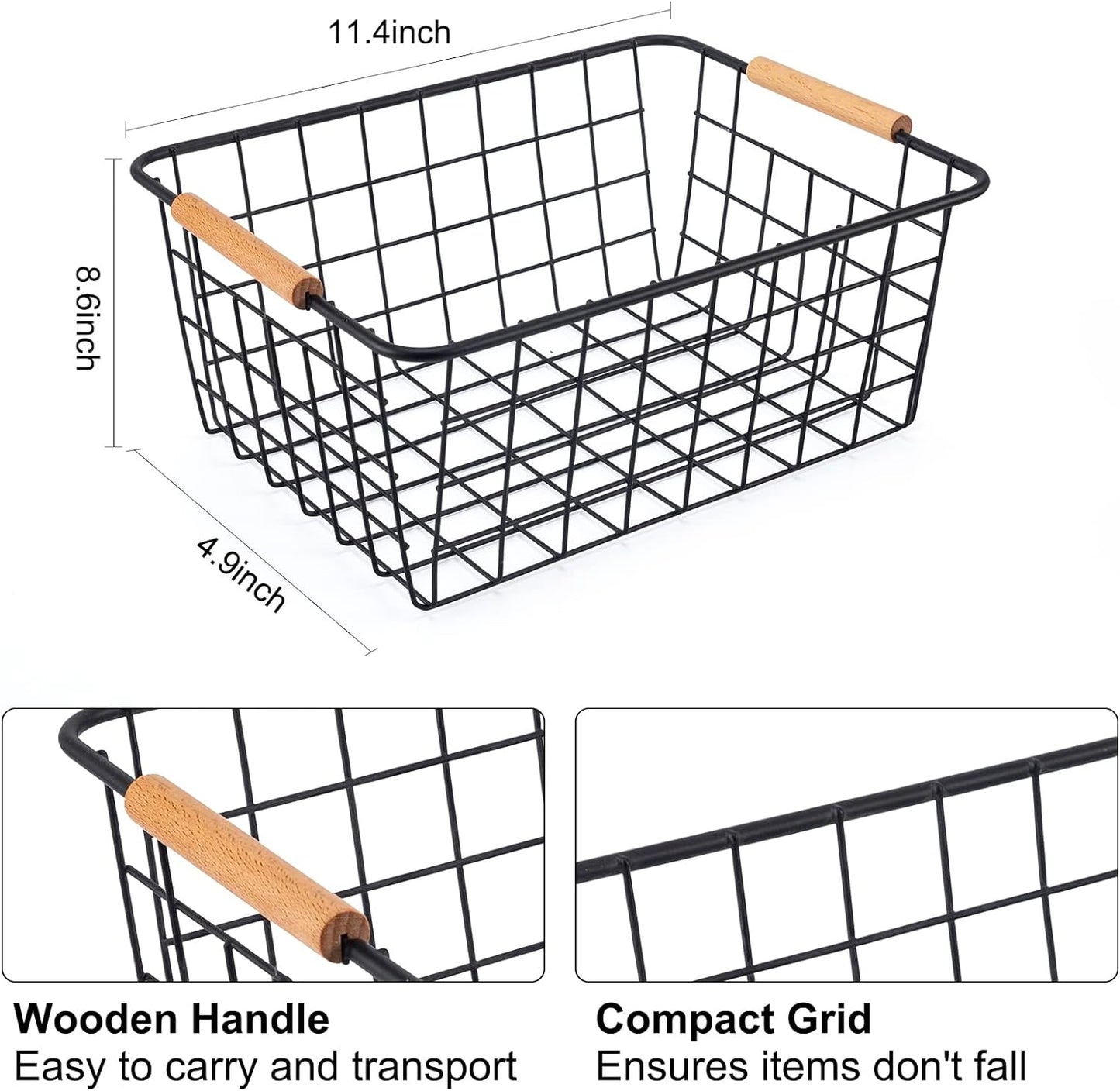 Wire Basket 2 Pcs Wire Storage Baskets Wire Baskets Organizing with Wooden Handles Wire Basket Pantry Organization and Storage Metal Wire Food Storage Basket for Kitchen, Cabinets (Black 2PCS)