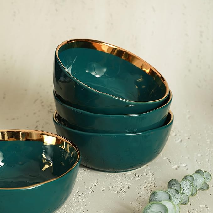 Stone Lain Florian Modern Porcelain Dish Set, 32-Piece Dishes for 8, Gold and Green (Porcelain Dinnerware Set)