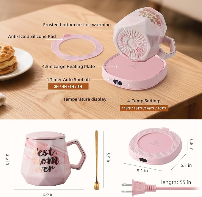 Coffee Mug Warmer & Best MOM Ever Mug Set, Smart Heated Electric Cup Warmer for Desk Office, 4 Temperature Control Beverage Tea Coffee Warmer, 8h Auto Shut Off Candle Plate, Women Mom Gifts from Son