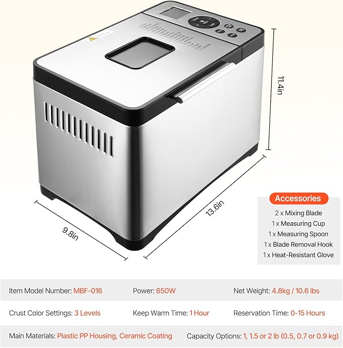Happybuy Bread Maker, Dough Machine(19-in-1 2LB), Nonstick Ceramic Pan Automatic Breadmaker with Gluten Free Setting, Whole Wheat Bread Making, Digital, Programmable, 3 Loaf Sizes, 3 Crust Colors