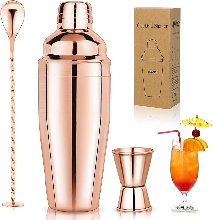 24oz Cocktail Shaker Set Martini Shaker Set Bartender Set with Margarita Mixer Drink Shaker, Measuring Jigger and Mixing Spoon - Professional 18/8 Stainless Steel Bar Tools (Rose Gold)