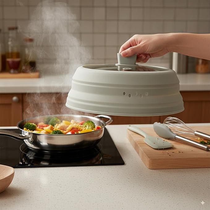Microwave Splatter Cover Glass Microwave Cover for Food Collapsible Splatter Guard Lid with Silicone Handle for Pot Plate Bowl 11.8 Inch Gray